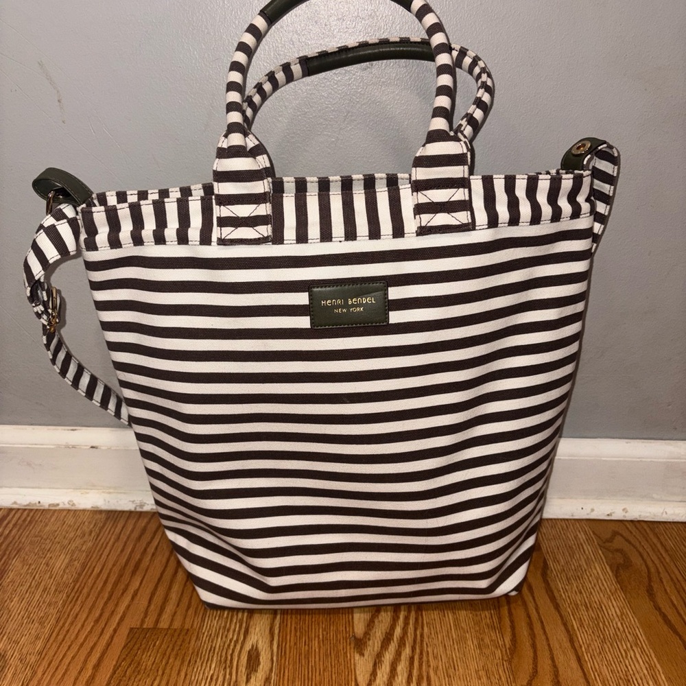 henri bendel Black and White Striped Canvas Tote with Olive Trim